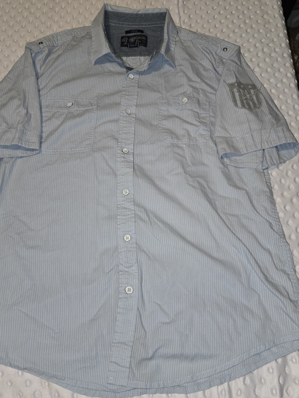 American Rag Button Down Shirt Mens Short Sleeve Large Blue Washed Cotton Casual